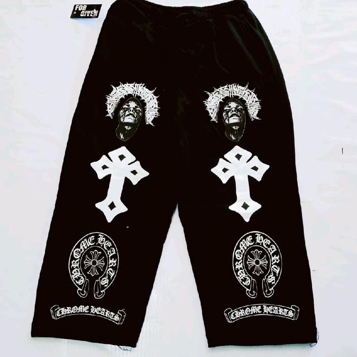 Celana Skena Dewasa Pria Wanita Hitam dengan Desain Grafis Khas Chrome Hearts