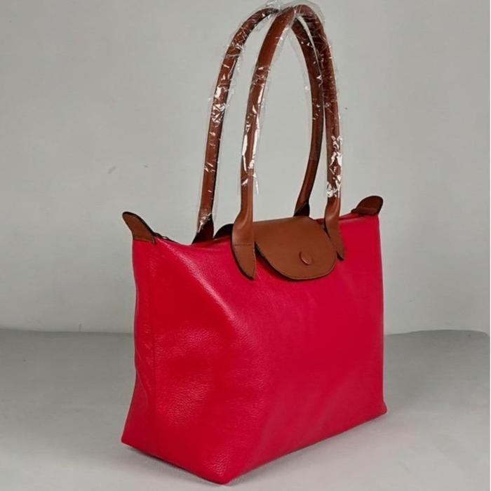 NAMI Leather Tote Bag Wanita Kulit Asli Tas Kerja Ngampus Trendy Totebag Polos Warna Merah Cabe