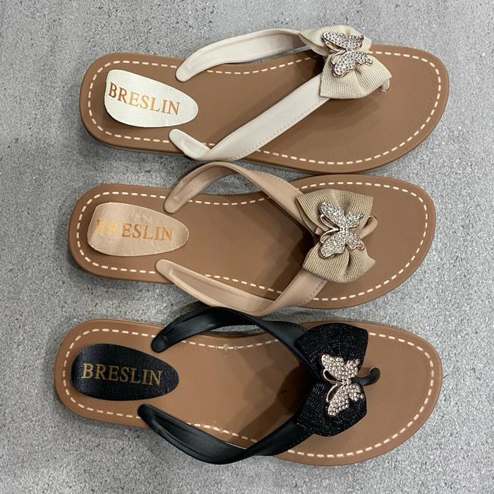 Breslin Sandal Capit Wanita Karet Breslin dengan Hiasan Bunga dan Batu Berkilau