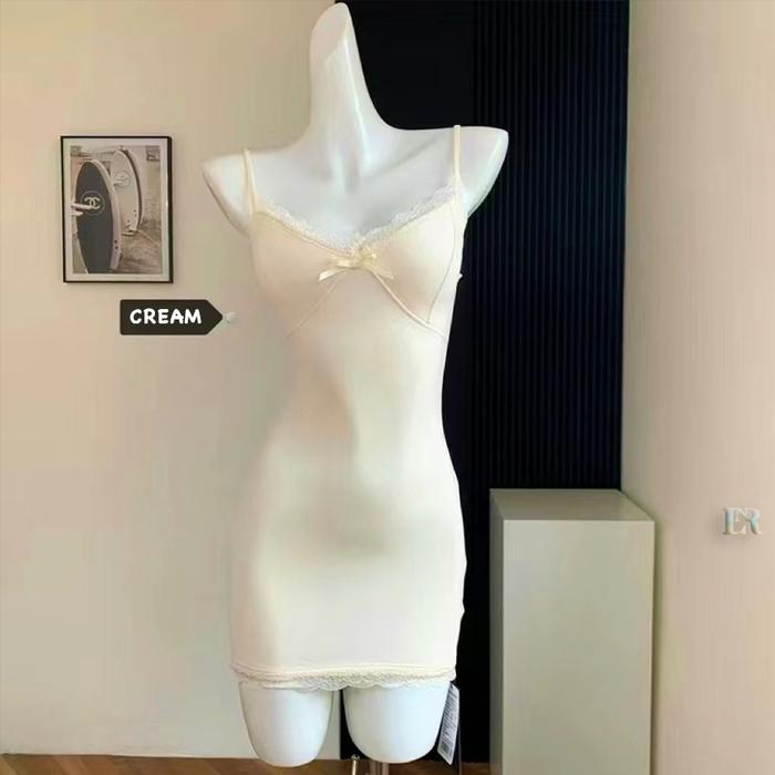 LNR Shop Midi Dress Dewasa dengan Pad Bra Cup Busa Ditambah Renda dan Pita Import Piyama Daster Baju