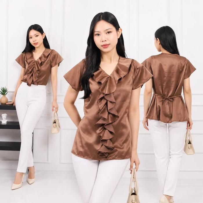 LONAIRE - Winny Blouse Atasan Wanita Satin Ruffle Premium V-Neck Lengan Pendek Casual Formal Kekinia