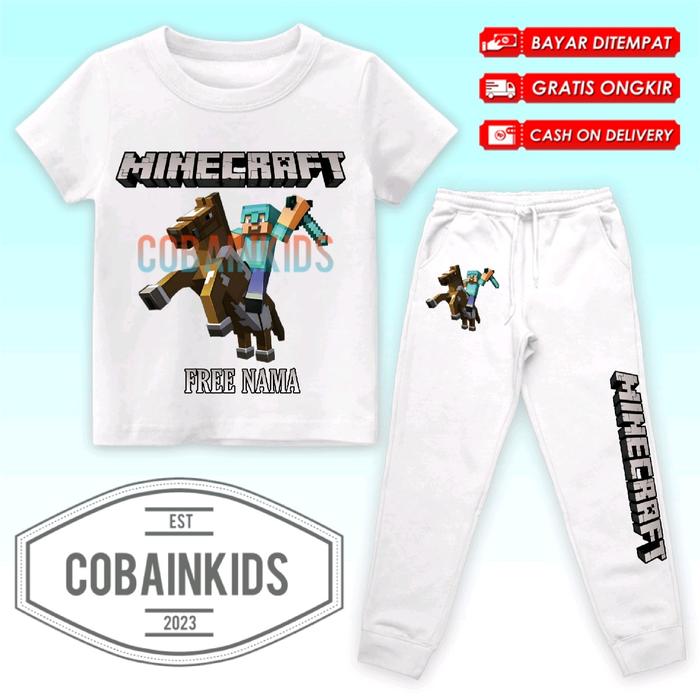 (BISA COD) Setelan Kaos Anak Outfit Unisex Minecraft Pocket Edition Steve Set Baju dan Celana Jogger