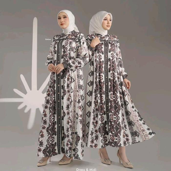Galzha Series Nadheera Luxury Griya Qaireen Midi Dress Gamis dengan Desain Elegan dan Motif Cantik