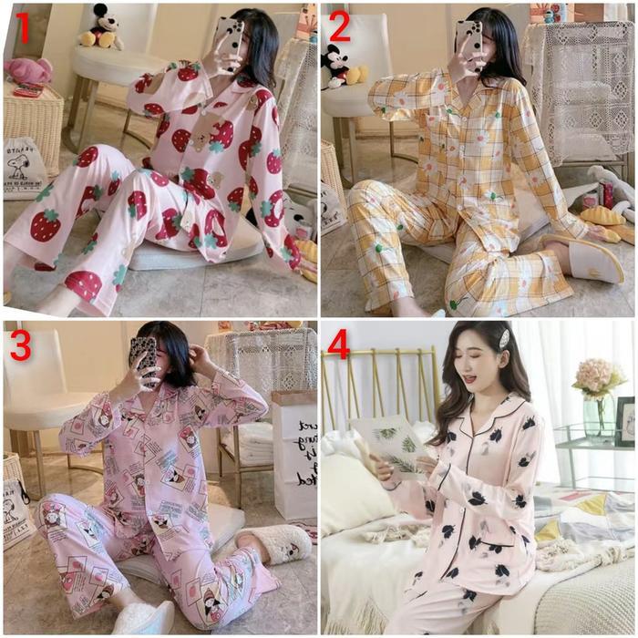 Setelan Pp Piyama Kancing Bahan Spandek Premium Baju Celana Panjang  Motif