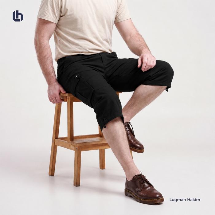 Luqman Hakim - Khalid Short Pants - Celana Sirwal Sontog Pria Cargo Hitam Luqman Hakim Premium Casua