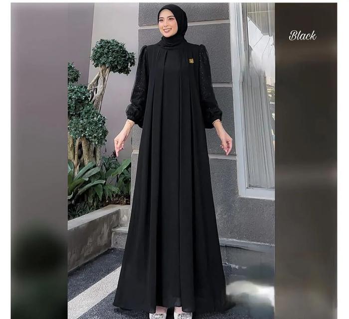 Gamis wanita Simpel Kondangan Model Lengan Balon Tile Polkadot Terbaru LD 110 Boniza Dress Bahan Cer
