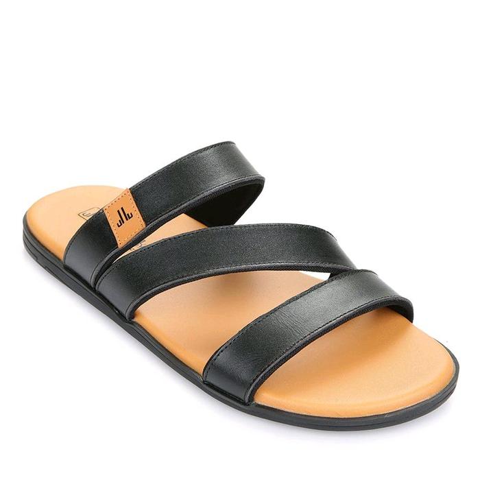 JIM JOKER Sandal Beat 2s Kulit Pria Hitam dengan Sol Kuning dan Tali Silang