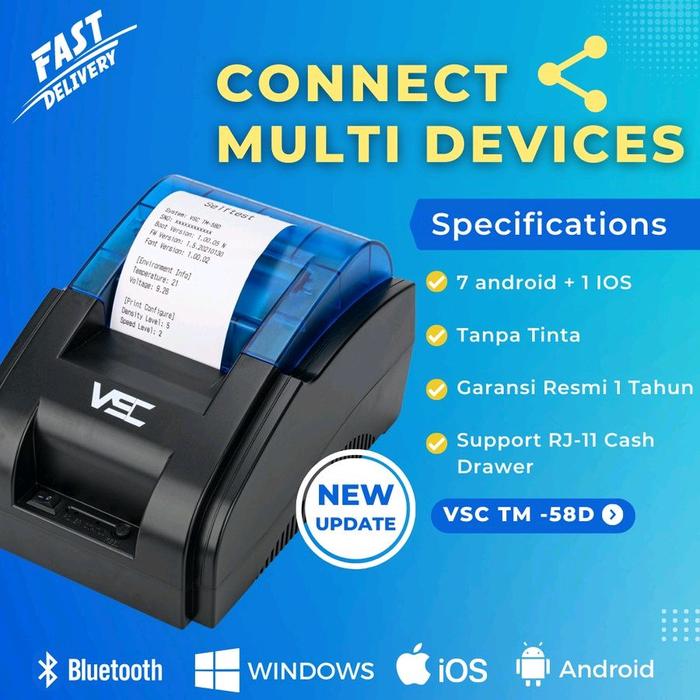Qasir V TM-58D Printer Kasir Tanpa Tinta Bluetooth Support Android iOS Windows Garansi 1 Tahun