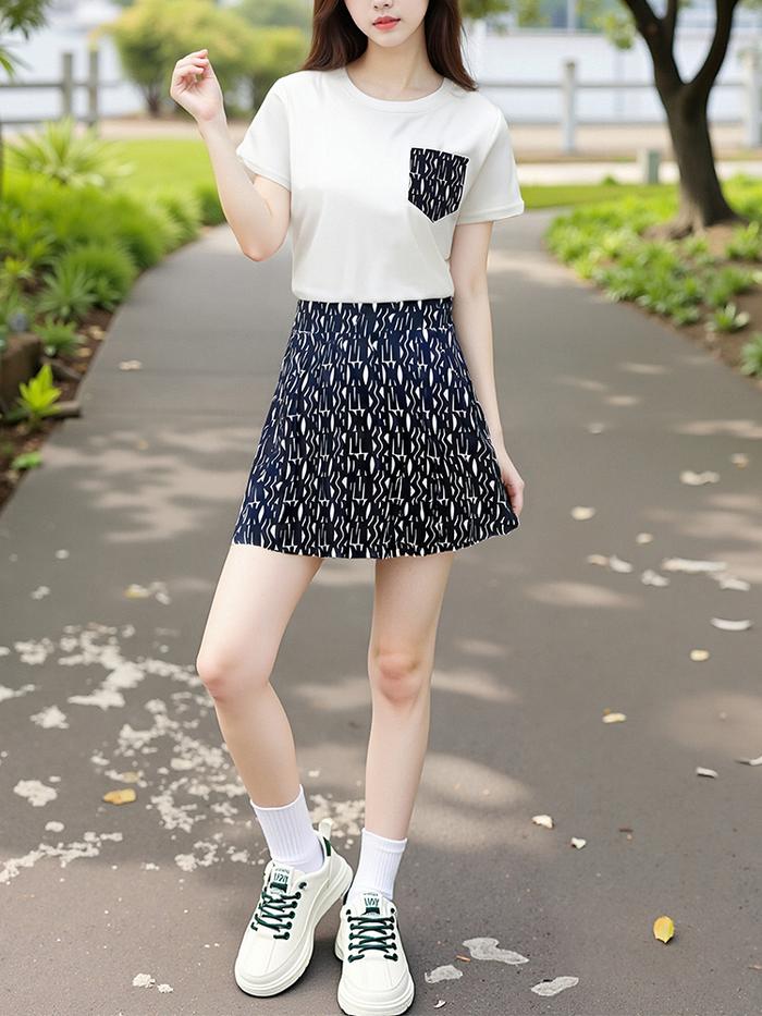 Full of vitality, youth jacquard sticker letter T-shirt+pleated slimming letter skirt set