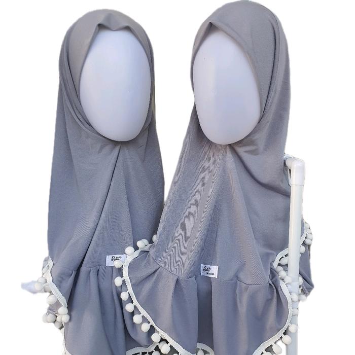 hijab anak instan pompom / bergo anak bahan jersey korea warna denim