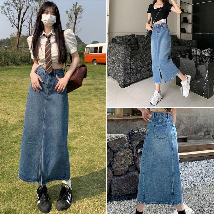Rok denim retro wanita, model Korea, pinggang tinggi, belahan, segar, longgar, A-line, panjang sedan