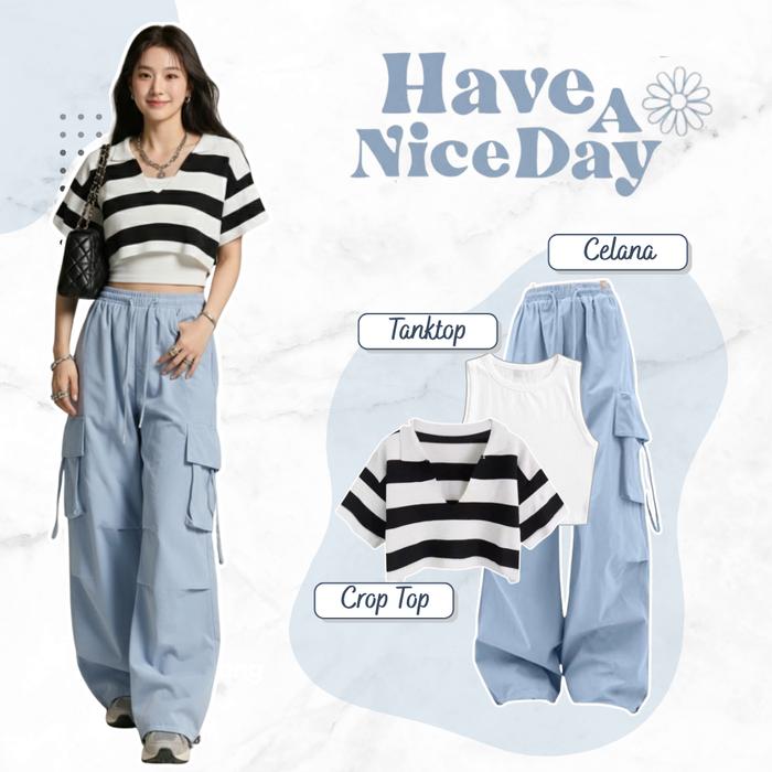 One Set Crop Setelan Celana Cargo Korean Style (Crop Top Wanita Korea Style + Tanktop Wanita Korean 