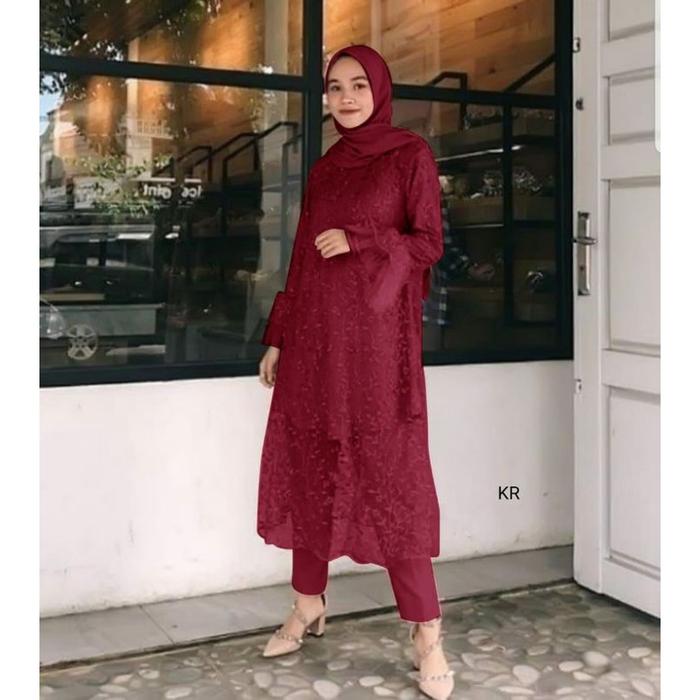 2 UKURAN L DAN XXL SET SHALOM FASHION PAKAIAN WANITA SETELAN ATASAN TUNIK BRUKAT DAN CELANA MOSCREPE
