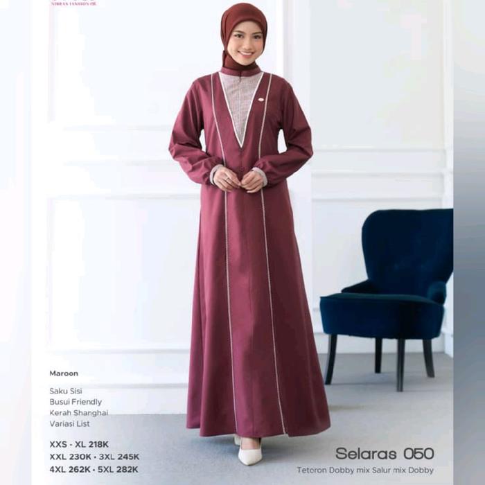 Nibras Gamis Selaras 050 Merah Marun Baju Perempuan Dewasa Remaja Muslimah Panjang Syar'i Long Dress