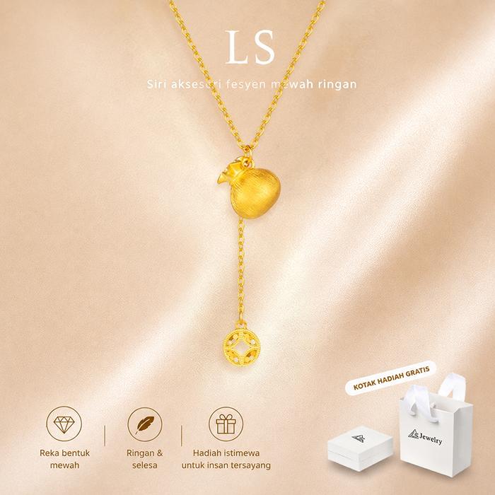 Kalung tas keberuntungan, kalung koin emas, emas imitasi, anti karat, panjang dapat disesuaikan, had