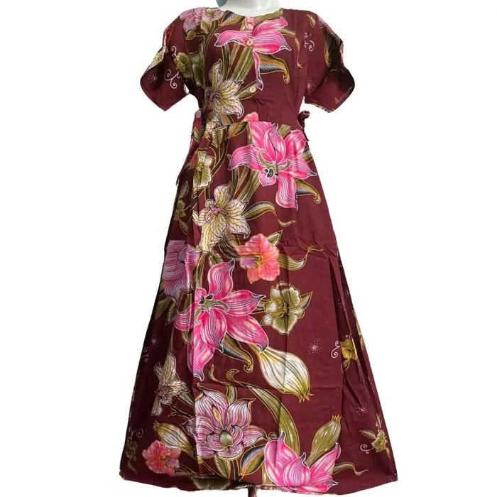 GAUN LONGDRESS KENCANA UNGU LABEL BIRU / BAJU DASTER WANITA TALI SAMPING Busui Kancing Panjang Batik