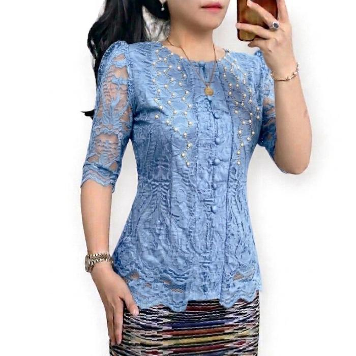 Baju Atasan wanita Fatmawati Leher Bulat dengan Mutiara Cantik dan mewah/ Blus Atasa wanita Pesta Ke