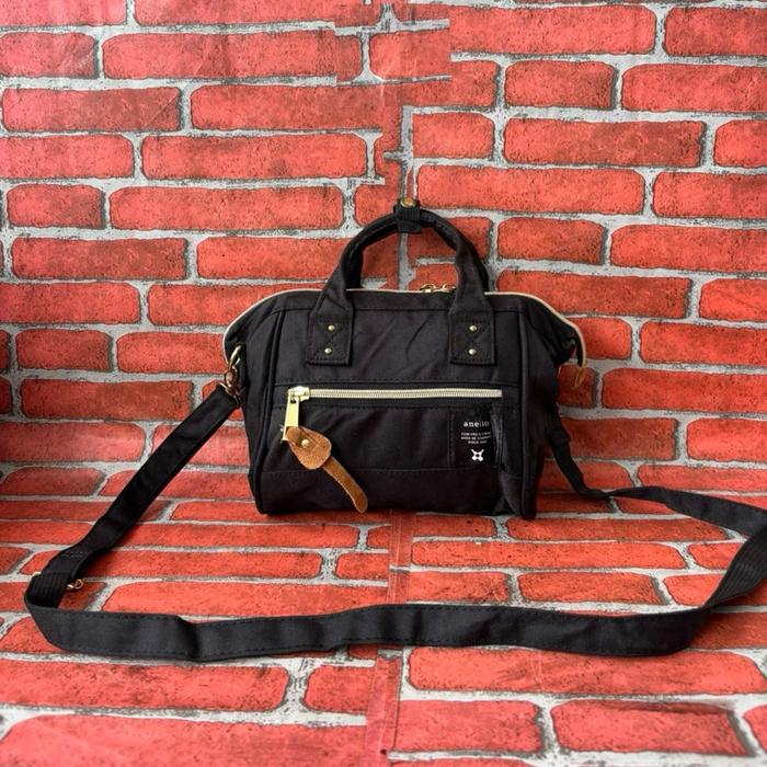 TAS SLING MINI ANELLO WANITA SECOND BRANDED KANVAS HITAM / TAS SELEMPANG WANITA ANELLO SECOND