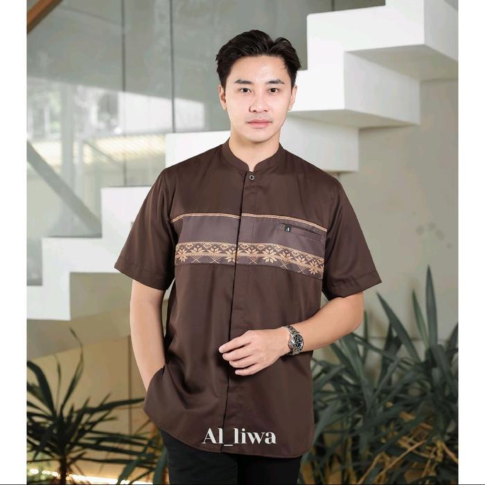 Al_liwa baju kemeja koko kurta pria lengan pendek bahan toyobo premium warna mahogany hitam abu mocc