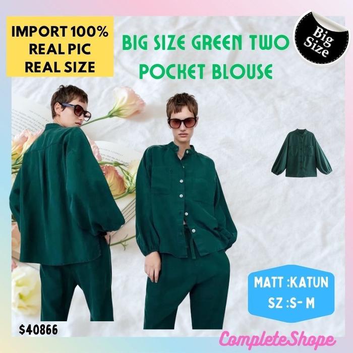BAJU ATASAN BLOUSE BLUS WANITA JUMBO BIGSIZE OVERSIZE HIJAU TUA POLOS KERAH SHANGHAI ADA SAKU DE