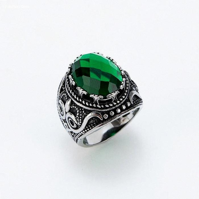 Cincin Totem Burung Hantu Hitam Perak Vintage Desain Daun Kristal Tiruan Hijau Punk Hip Hop Cincin A