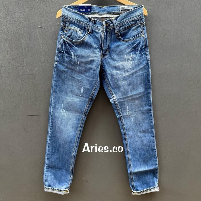 BOMBOOGIE Celana Jeans Panjang Pria Bom Bogie Series Blue Ice Biru Denim Slimfit Cowok Muda Standar 