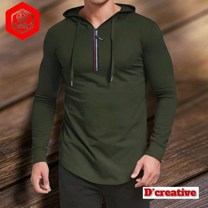 Baju Kaos Hoodie Resleting Pria Lengan Panjang Polos Oval Longline - Oblong