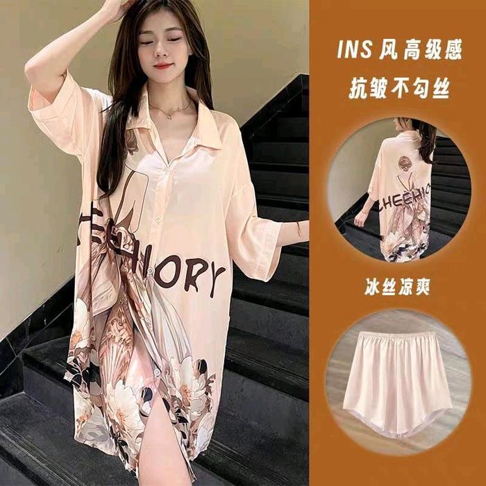 DRESS SATIN IMPORT HALUS / DASTER BAJU TIDUR SANTAI IMPORT WANITA LENGAN PENDEK BAHAN SATIN Piyama L