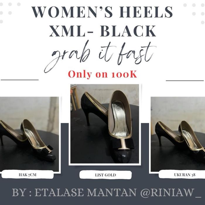 Sepatu heels wanita merk XML warna black list gold ukuran 38