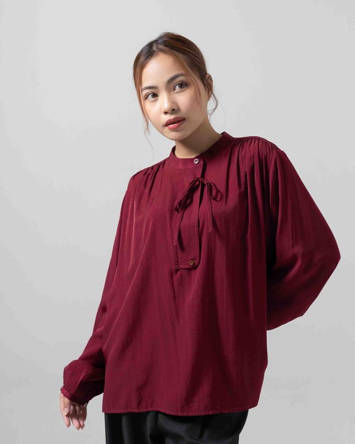 Tilda - Kemeja Wanita Lengan Panjang Tencel Uniqlo Atasan Blouse Cewek Kerut Dada Aksen Tali Pita Ba