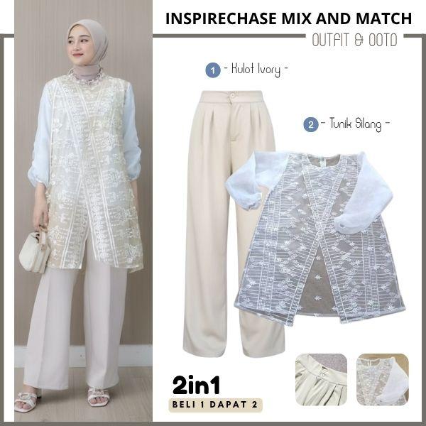 2In1 (Celana Kulot + Outer Brokat) Setelan Wanita Keyra Organza Payet Tunik Brokat Baju Raya, Kondan