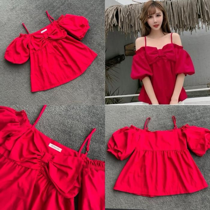 Atasan sabrina merah maroon puffy balon pita besar