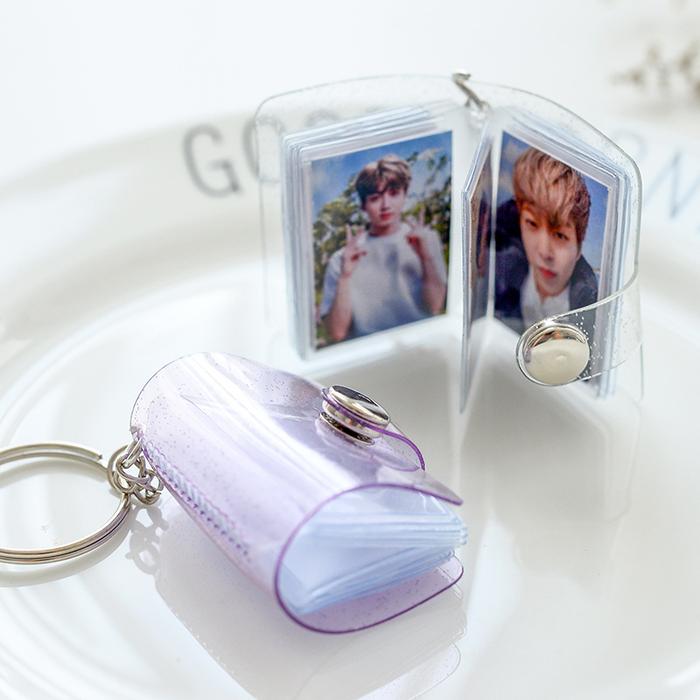 ✨EG 1&2 Inch  Mini Photo Album 16 Pockets Keyring Key Ring Shiny Transparent Foto Binder Kecil Card 