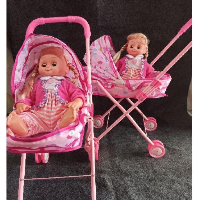 Mainan anak dorongan stroller boneka + baby girl boneka rangka besi