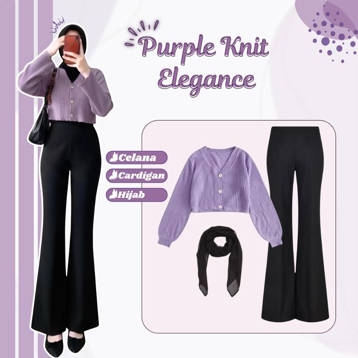 Setelan Wanita Kekinian (Celana Cutbray + Cardigan Lilac + Hijab hitam) One Set 3in1 Korean Style -