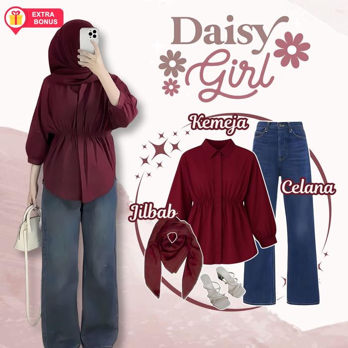 One Set 3in1 Blouse Kemeja Serut Celana Jeans Hijab Segi Empat Bella | OOTD outfit wanita cewek anak
