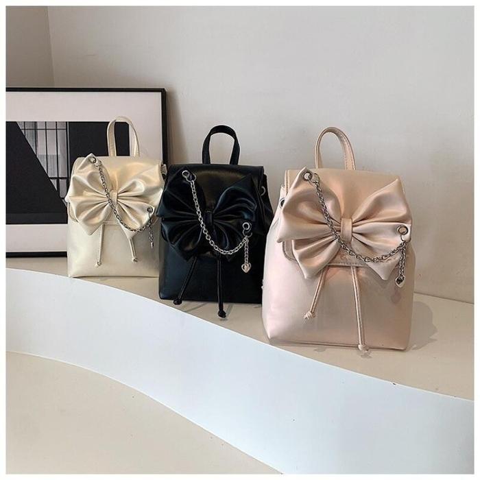 ORI Busur Tas Ransel Wanita Pearlescent Import Gaya Korea Anti Air Hitam/Putih/Merah Jambu Tas Sekol