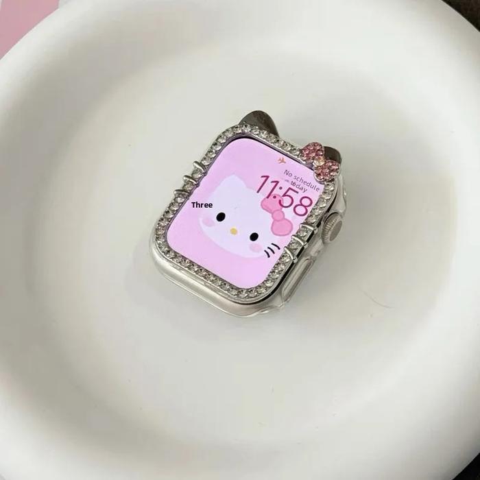 Diamond Embedded Kt Cat Apple Watch S10 Protective Case S9 S8/S7 Semi-Pack Cover Luxury Watch Housin