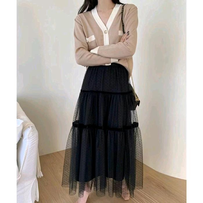 Rok Tutu Susun Motif Polkadot Import Wanita -  Panjang Maxi Hitam