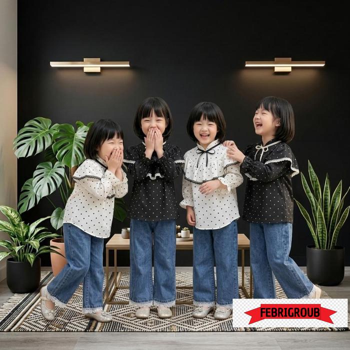 SETCEL POLKADOT KERAH KERUT MIX JEANS ANAK PEREMPUAN USIA 3 - 12 TAHUN / STELAN CELANA KULOT - FASHI
