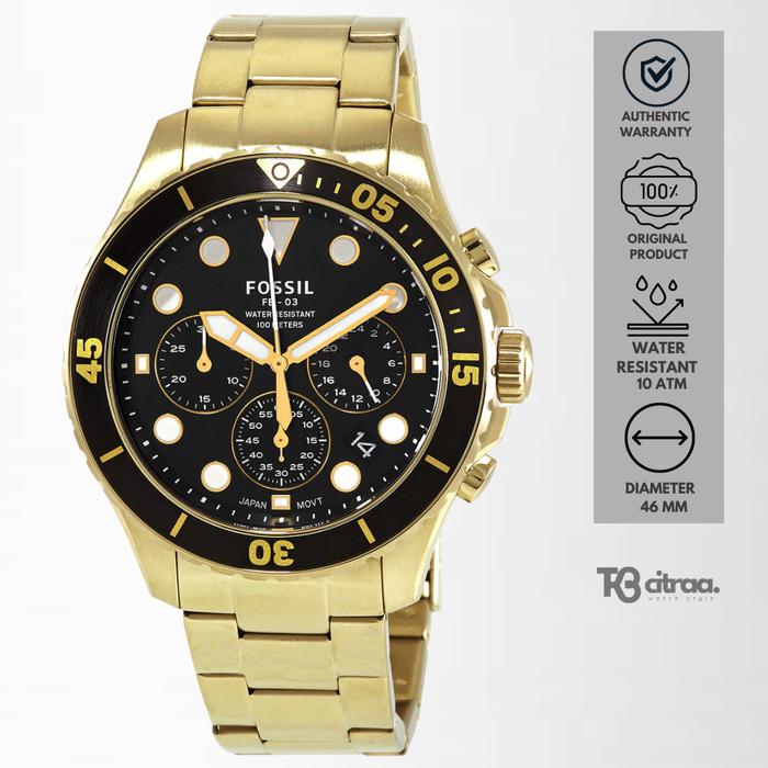 Jam Tangan Pria Fossil FB-03 FS5727 Chronograph Men Black Dial Gold Stainless Steel Strap Mewah Spor