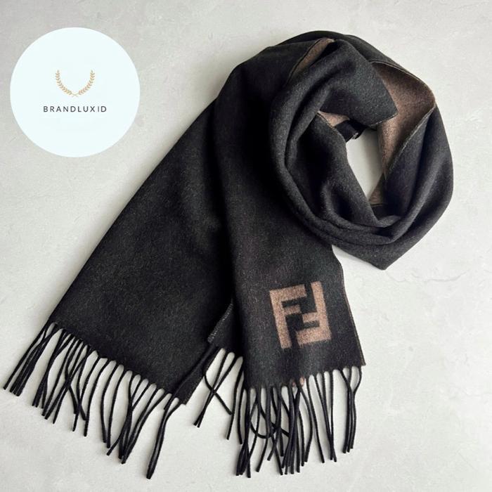 Fendi FF wool and cashmere scarf in grey/ green & beige