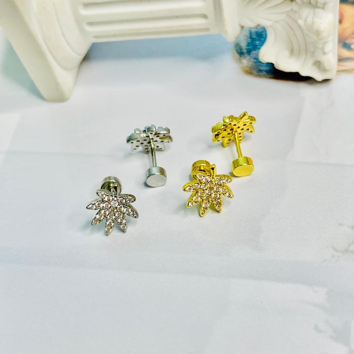 [NEW] Anting Daun Rumput Maple Stainless Steel Screw Back Anti Hilang Anting Tusuk Emas Perak dengan