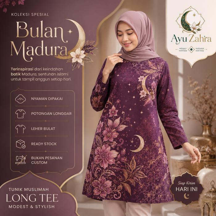 Busana Muslim Wanita Tunik Muslimah Lengan Panjang Long Tee Oversize Motif Batik Bunga Bulan Bintang