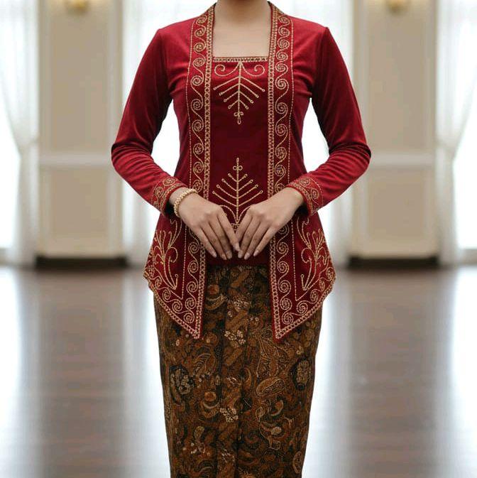 Atasan Kebaya Kutu Baru Bludru Bordir Adat Jawa Tradisional dengan Desain Elegan dan Warna Merah Mew