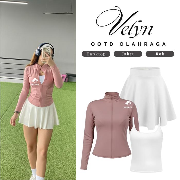 Velyn OOTD Olahraga 3in1 (Jaket Anti UV Rok Skirt Mini Tanktop Basic) Setelan Outift One Set Gym Pad