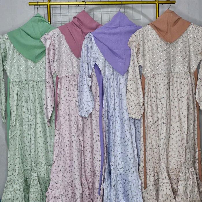 Gamis Yover usia tanggung (10-12 tahun) katun jepang bermotif bunga Dress