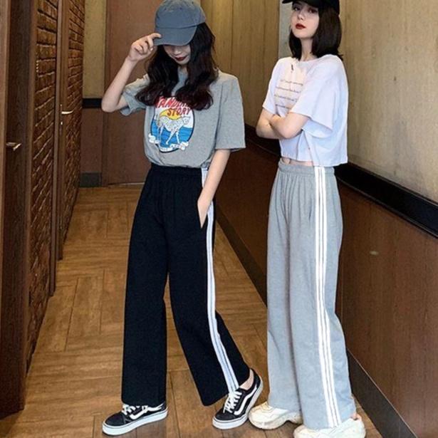 celana kasual wanita korea celana olahraga longgar longgar kaki lebar
