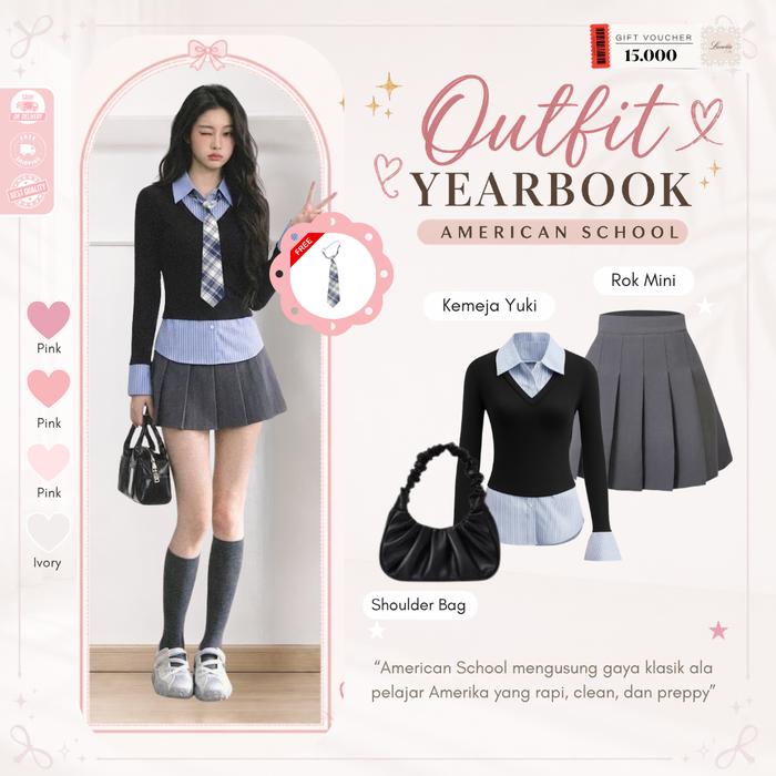 Outfit Wanita Preppy Style Muslim ( Shoulder Bag + Atasan Kemeja Yuki + Bawahan Rok Mini ) Set Outfi