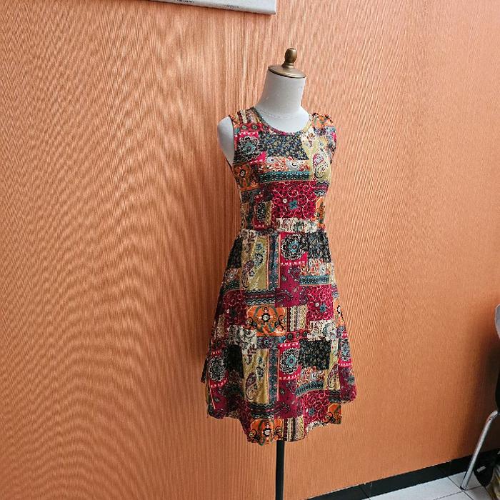 midi dress wanita merah cream krem S cewek anak perempuan kutung pinggang karet santai batik perca